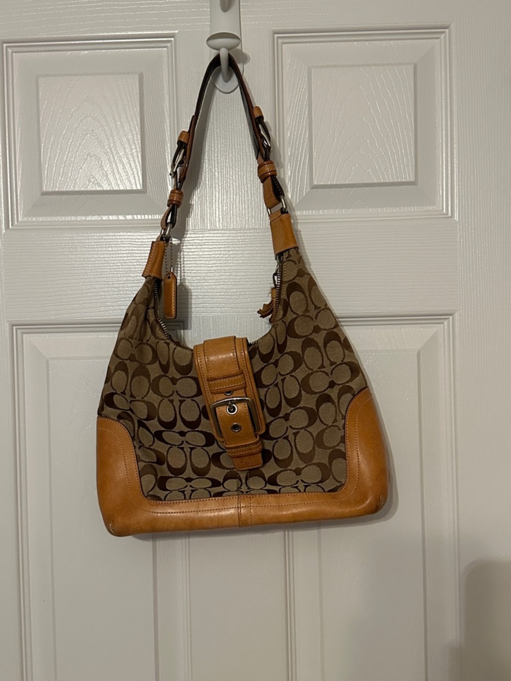 Coach Brown Signature Canvas and Tan Leather Shoulder Bag
